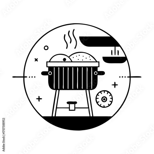Vector art of grill with food barbecue cooking, outdoor grilling, summer picnic, backyard party, delicious food, and culinary experience