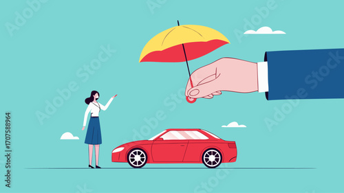 car insurance or insurance against driving accident, automobile protection concept, assurance cover for transportation accident, big businesswoman hand protects the car and its owner from danger
