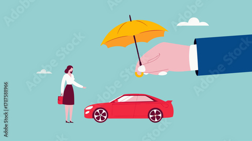 car insurance or insurance against driving accident, automobile protection concept, assurance cover for transportation accident, big businesswoman hand protects the car and its owner from danger