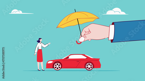 car insurance or insurance against driving accident, automobile protection concept, assurance cover for transportation accident, big businesswoman hand protects the car and its owner from danger