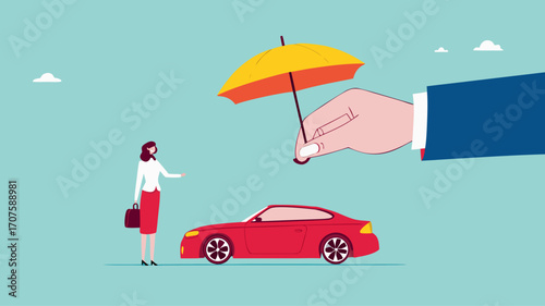 car insurance or insurance against driving accident, automobile protection concept, assurance cover for transportation accident, big businesswoman hand protects the car and its owner from danger