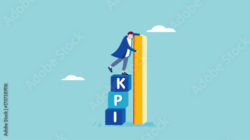 KPI, key performance indicator measurement to evaluate business success illustration with concept of businessman who is measuring a stack of KPI boxes to measure business performance illustration