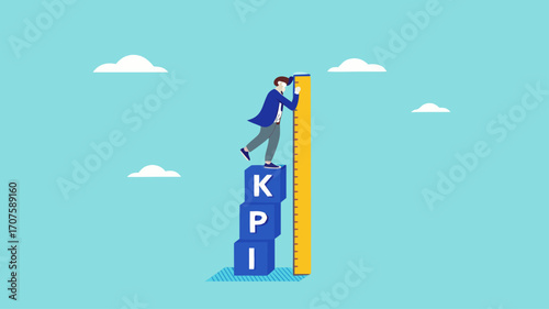 KPI, key performance indicator measurement to evaluate business success illustration with concept of businessman who is measuring a stack of KPI boxes to measure business performance illustration