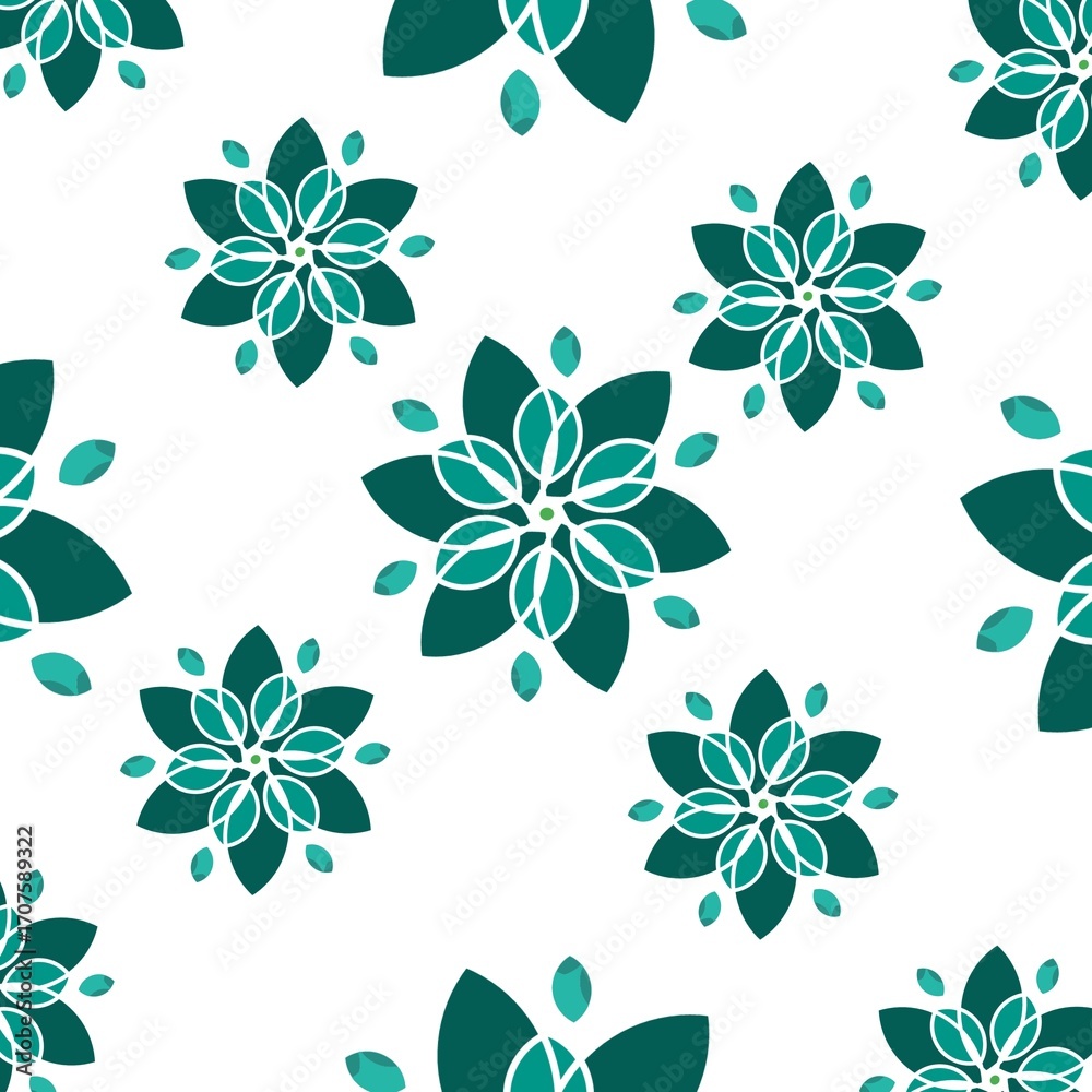 Obraz premium Seamless floral pattern. ​Seamless pattern with abstract stylized floral or mandala shapes in shades of teal and dark green on a white background. Geometric, symmetric, elegant design.