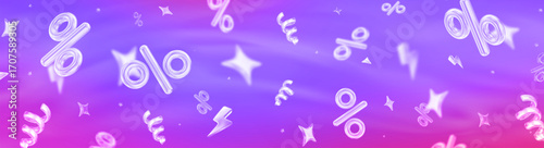 3d flying neon percent signs with stars on holographic isolated background. Horizontal banner. Stock vector illustration.	