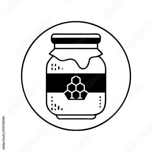 Illustration of a jar of honey, showcasing a sweet treat with a honeycomb design on the label, in a circle