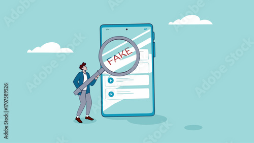 caution illustration with the concept of a businessman examining fraudulent messages using a magnifier, fraudulent messages concept illustration, the lure of fake gifts concept illustration