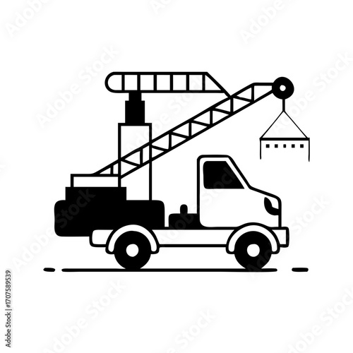 Vector art of crane truck lifting heavy load symbol of construction, industry, and transportation in a clean line art style