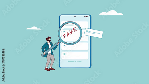 caution illustration with the concept of a businessman examining fraudulent messages using a magnifier, fraudulent messages concept illustration, the lure of fake gifts concept illustration