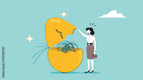 investment fraud, stock market investment scam, Stunned businesswoman investors open fake egg investment containing messy lines