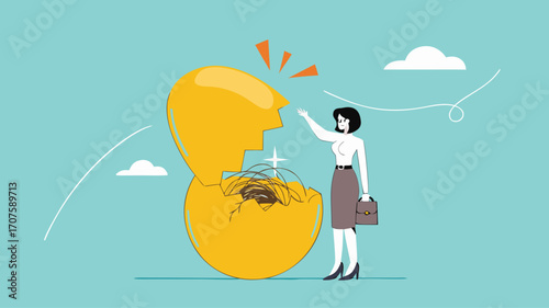 investment fraud, stock market investment scam, Stunned businesswoman investors open fake egg investment containing messy lines
