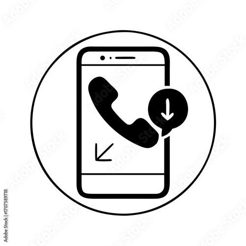 Vector art of incoming call icon mobile phone with handset and arrow down, symbol of receiving a call, vector illustration