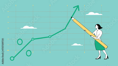 rising interest rates, percentage increase in interest rates on mortgage or financial bank, business woman draws a graph of the percentage increase in interest rates with a pencil