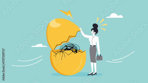 investment fraud, stock market investment scam, Stunned businesswoman investors open fake egg investment containing messy lines
