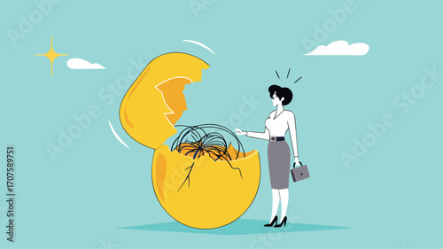 investment fraud, stock market investment scam, Stunned businesswoman investors open fake egg investment containing messy lines