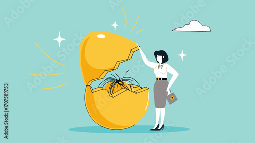 investment fraud, stock market investment scam, Stunned businesswoman investors open fake egg investment containing messy lines