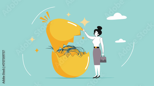 investment fraud, stock market investment scam, Stunned businesswoman investors open fake egg investment containing messy lines