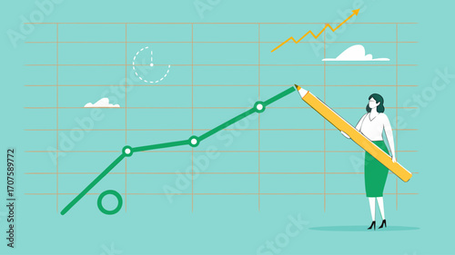 rising interest rates, percentage increase in interest rates on mortgage or financial bank, business woman draws a graph of the percentage increase in interest rates with a pencil