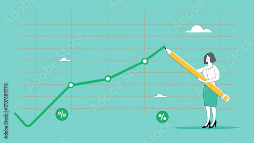 rising interest rates, percentage increase in interest rates on mortgage or financial bank, business woman draws a graph of the percentage increase in interest rates with a pencil