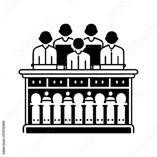 Illustration of a jury panel, representing the legal system and the decisionmaking process in a court of law