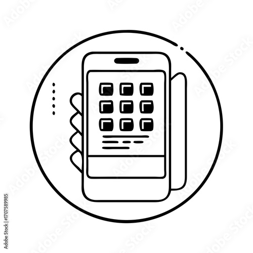 Vector art of a simple icon of a hand holding a smartphone with a keypad on the screen, representing mobile technology