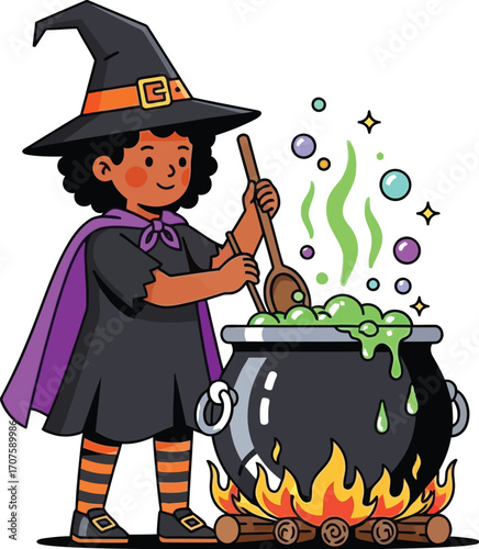 Cute cartoon witch stirring a bubbling cauldron brewing a spooky Halloween potion with magical stars