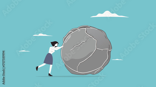 effort to achieve business goals or target, Obstacles and challenge at work, business heavy tasks and problems concept vector illustration, Businesswoman pushing huge stone illustration