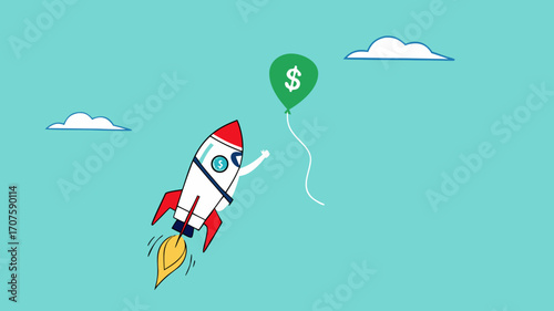 achieve financial goal with startup business success, startup business management to reach financial freedom, businesswoman flying using startup business rocket to reach balloon with dollar money