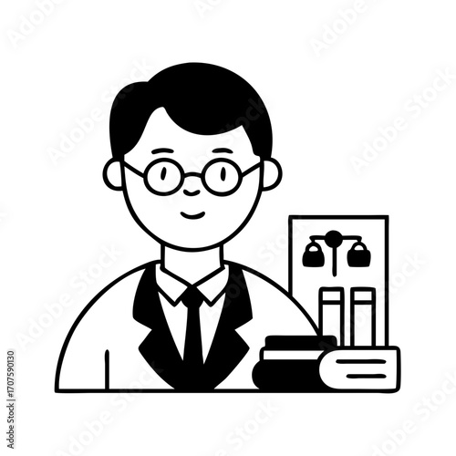Vector art of lawyer with law books and scales of justice representing legal professional and jurisprudence in a simple design
