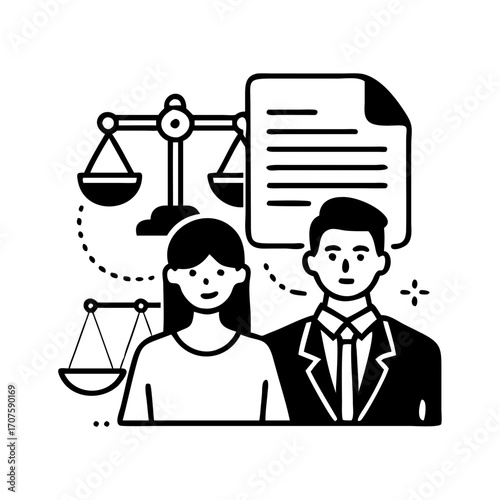 Vector art of lawyer and client discussing legal matters with scales of justice