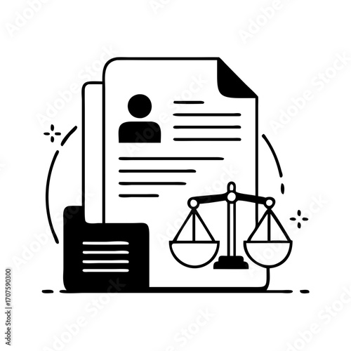 Vector art of legal document and scales of justice, symbolizing law, justice, and the balance of legal proceedings and decisions