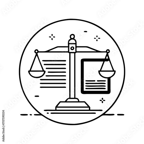 Vector art of scales of justice and legal document, symbolizing the balance of law and the importance of legal documentation