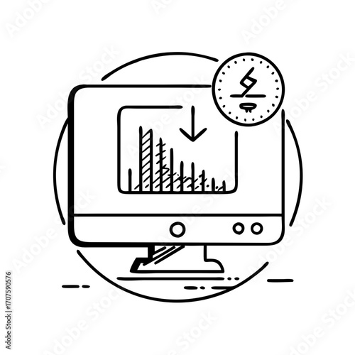 Vector art of hand drawn illustration of a computer monitor displaying a falling graph, indicating a decline in performance