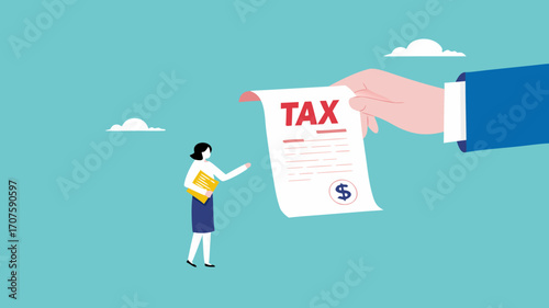 Crypto currency tax burden, businesswoman investor holding bitcoin surprised by government hand issue tax bill concept vector illustration