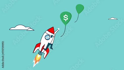 achieve financial goal with startup business success, startup business management to reach financial freedom, businesswoman flying using startup business rocket to reach balloon with dollar money