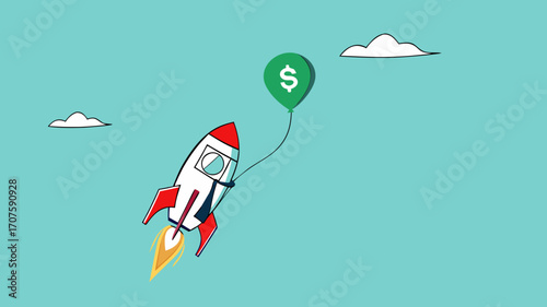 achieve financial goal with startup business success, startup business management to reach financial freedom, businesswoman flying using startup business rocket to reach balloon with dollar money