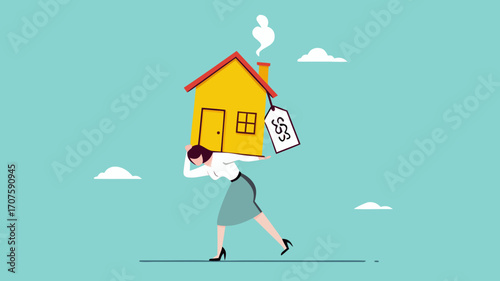 house mortgage overpay concept, real estate payment overprice, Property payoff to credit concept, depressed woman office worker man carrying house with expensive price tag vector illustration