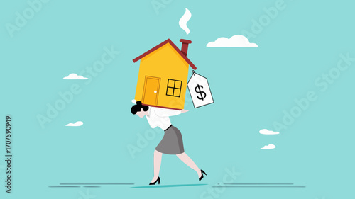 house mortgage overpay concept, real estate payment overprice, Property payoff to credit concept, depressed woman office worker man carrying house with expensive price tag vector illustration