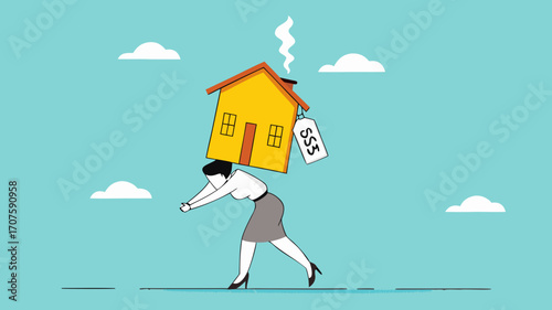 house mortgage overpay concept, real estate payment overprice, Property payoff to credit concept, depressed woman office worker man carrying house with expensive price tag vector illustration