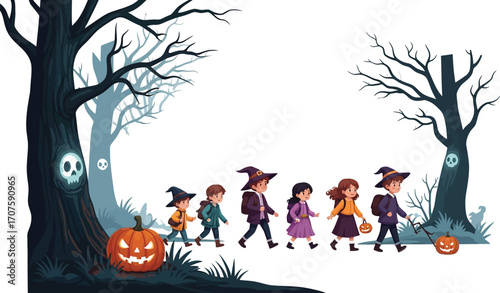 Whimsical Halloween night with children trick or treating in a spooky forest backdrop illustration
