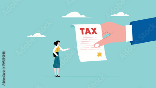 Crypto currency tax burden, businesswoman investor holding bitcoin surprised by government hand issue tax bill concept vector illustration