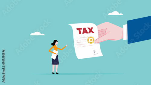 Crypto currency tax burden, businesswoman investor holding bitcoin surprised by government hand issue tax bill concept vector illustration