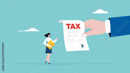 Crypto currency tax burden, businesswoman investor holding bitcoin surprised by government hand issue tax bill concept vector illustration
