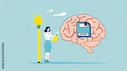 idea memory, reminder of productive plans or new business strategy, thinking skills to form good work habits, remembering or studying work plans, businesswoman store work plan data in the human brain