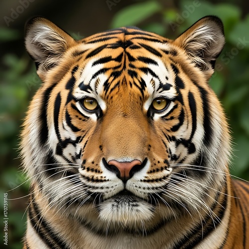 Close-up portrait of a tiger showcasing its striking orange and black stripes, intense gaze, and detailed facial features against a blurred background of green foliage.