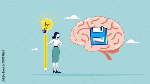 idea memory, reminder of productive plans or new business strategy, thinking skills to form good work habits, remembering or studying work plans, businesswoman store work plan data in the human brain
