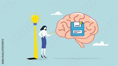 idea memory, reminder of productive plans or new business strategy, thinking skills to form good work habits, remembering or studying work plans, businesswoman store work plan data in the human brain