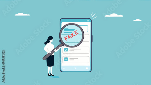 caution illustration with the concept of a businessman examining fraudulent messages using a magnifier, fraudulent messages concept illustration, the lure of fake gifts concept illustration
