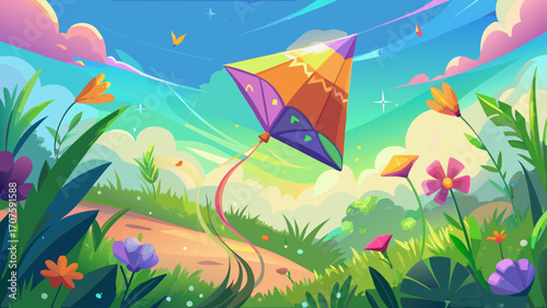a colorful kite soaring high in the sky, surrounded by vibrant flowers and lush green grass under the bright sunshine. glowing light around the edges and corners, a perfect mobile wallpaper.