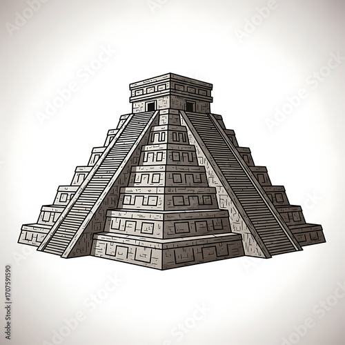 Hand drawn illustration of the ancient mayan pyramid isolated on white background